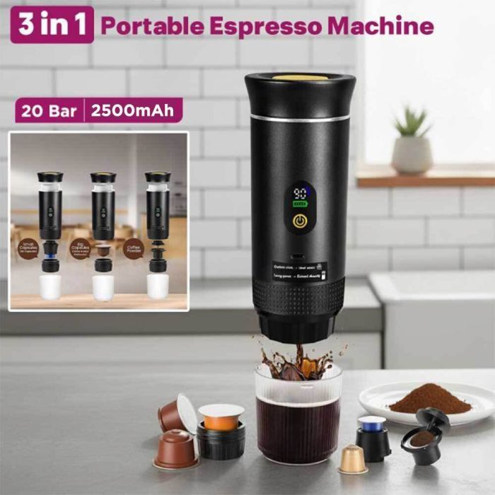 3 in 1 portable espresso machine with 20-bar pressure, 7500mAh battery, and support for ground coffee and capsules - Sheeel Kuwait Offers