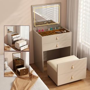 Solid Wood Makeup Table with Stool and Drawers and Foldable LED Light Mirror