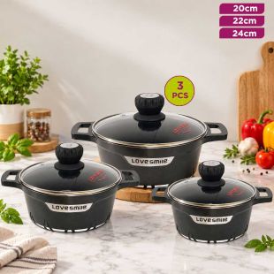 Granite Cookware Set with 3 Casseroles and 3 Lids, 20cm, 22cm and 24cm