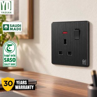 Black 13A Switched Socket with Neon Piano - Made in Saudi Arabia with 30 Years Warranty