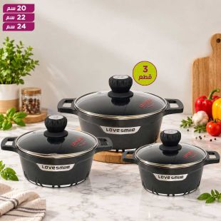 طقم أواني طهي جرانيت 3 أواني مع 3 أغطية بمقاسات 20 و22 و24 سم