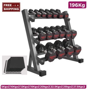 196KG Dumbbell Set with Rack and 6 Floor Mats