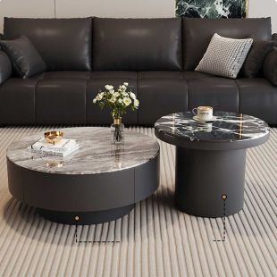 Set of 2 Glass-Crystal Stone Tables with Wooden Base and Drawers