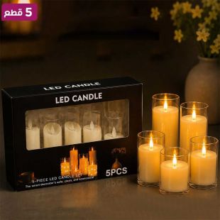 طقم 5 شموع LED بدون لهب مع قواعد زجاجية