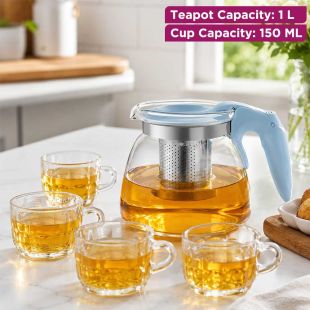 1L Glass Teapot Set with 4 Cups and Stainless Steel Filter
