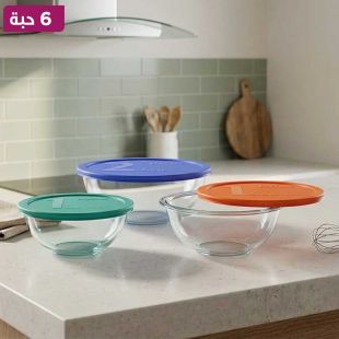 طقم أوعية خلط زجاجية مع أغطية 6 قطع من Pyrex