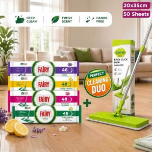 Lime Easy Click Mop Cleaning Set with Fairy Floor Cleaning Towel Wipes 20 &times; 35 cm (50 Sheets)