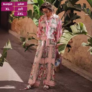 طقم كتان أنيق بأكمام طويلة مطبوع للسيدات