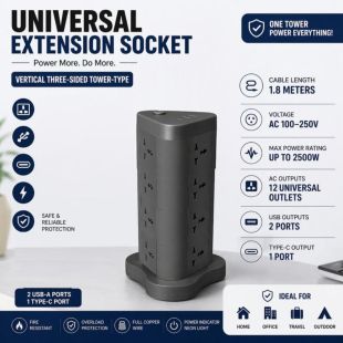 وصلة اشتراك كهربائية عمودية 12 مخرج 2500 واط مع منافذ USB و Type-C