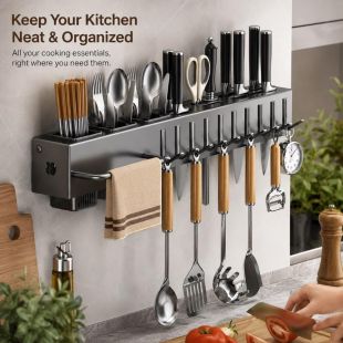 60cm Wall-Mounted Kitchen Storage Rack with 10 Hooks