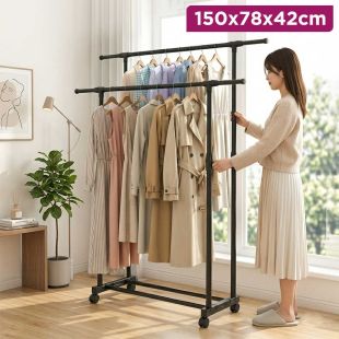 Adjustable Double Pole Clothes Hanger Rack with Wheels with Bottom Shelf