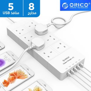 وصلة اشتراك كهربائية مع 6 منافذ تيار متردد و 5 منافذ USB – أبيض من Orico