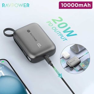Power Bank 10000mAh 20W with Built-in Cable + USB-C and USB-A Ports by RavPower