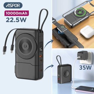 10000mAh Wireless Power Bank PD 22.5W with 2 Built-In Cables and 35W Wall Charger by Aspor