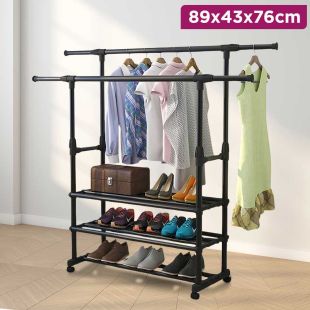 Double Clothes Hanging Rack with 3 Shelves