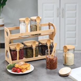 Double Layer Glass Spice Organizer Set with Spoons 7 Pieces