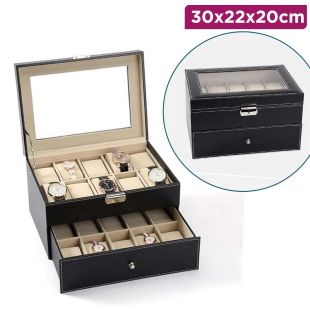 Leather Glass Finish Black 20 Slots Desktop Storage Watch Box