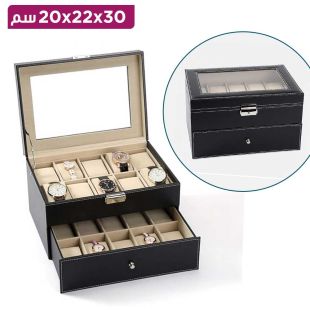 صندوق تخزين للساعات من الجلد الأسود مع 20 فتحة