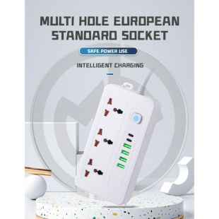 وصلة اشتراك كهرباء بطول 2 متر قوة 2500 واط 3 مقابس و 4 منافذ USB و منفذان Type-C PD وشحن لاسلكي