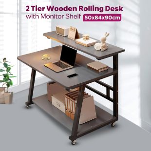 2 Tier Wooden Rolling Desk with Monitor Shelf