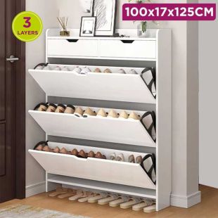 3 Layers Wooden Shoe Organizer with Top Drawers