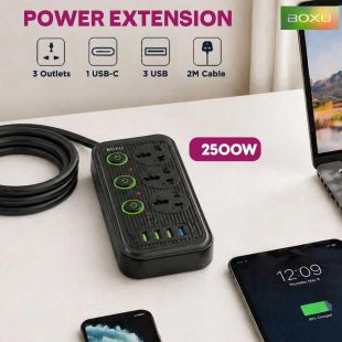 3 Outlet Power Extension 3 USB + USB-C Port 2M 2500W by Boxu