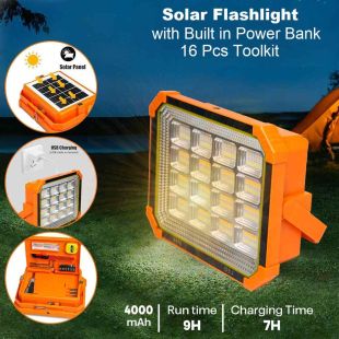 Solar Flashlight with 4000mAh Built in Power Bank and 16 Pcs Toolkit