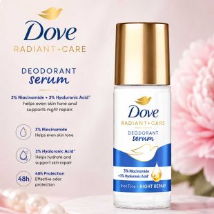 Dove Deodorant Serum with Niacinamide + Hyaluronic Acid for even tone & night repair. 45 ML