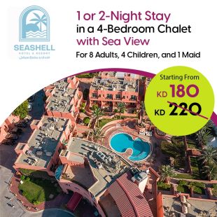 Enjoy 1 or 2-Nights Stay in a 4-Bedrooms Chalet (Sea View ) for 8 persons & 4 kids + Maid Room at Seashell Julaia Hotel & Resort