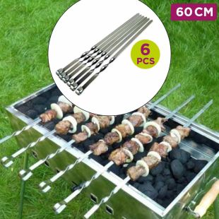 60 cm Long Stainless Steel Barbeque Kebab Skewers - Set of 6