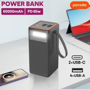 60000mAh Power Bank 65W PD with Dual USB-C and 4 USB-A Ports by Porodo