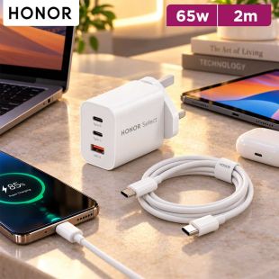 65W GaN Wall Charger with 2 USB-C and 1 USB-A Ports and 2m Type-C Cable by Honor