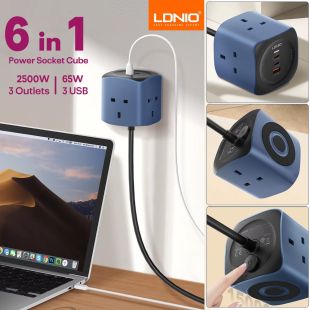 6 in 1 Power Socket Cube 3 Outlets with 3 USB PD Ports 65W by LDNIO