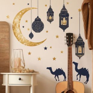 Ramadan Wall Stickers with Moon and Lantern Design – 2 Pieces