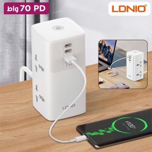 وصلة اشتراك كهربائي 2 مخرج مع منفذ USB و2 منفذ USB-C PD بقوة 70 واط 2 متر من LDNIO