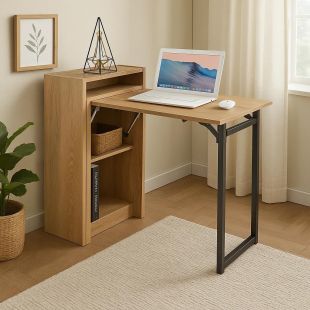 Folding Desk Table Foldable Workstation  with Storage Shelves 
