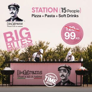 Station for 15 People Pizza + Pasta + Soft drinks from 94 Grams