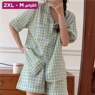 طقم بيجامة شورت بتصميم Grid Green للسيدات