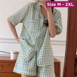Women's Short Pajama Set with Grid Green Design