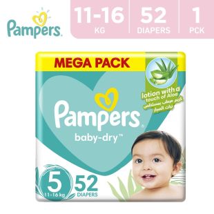 Pampers Baby-Dry Taped Diapers with Aloe Vera Lotion, up to 100% Leakage Protection, Size 5, 11-16kg, 52 Count
