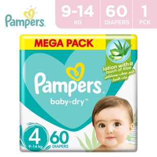 Pampers Baby-Dry Taped Diapers with Aloe Vera Lotion, up to 100% Leakage Protection, Size 4, 9-14kg, 60 Count