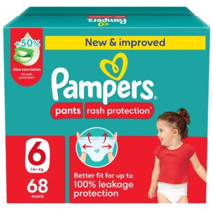 Pampers Rash Protection Pants Diapers, Size 6, 16-21kg, +50% Aloe Vera Lotion, Giant Box, 68 Count