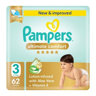 Pampers Ultimate Comfort Taped Diapers, Size 3, 6-10kg - Mega Pack, 62 Count  