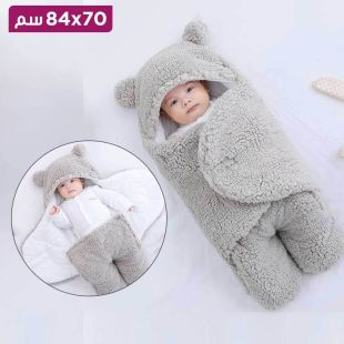 بطانية لحديثي الولادة من القطن مع غطاء للرأس من عمر 0 إلى 6 أشهر باللون الرمادي