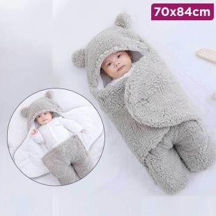 Newborn Swaddle Hooded Cotton Plush Blanket For 0-6 Months Gray