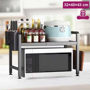 2 Tier Expandable Microwave Stand with 6 Hooks