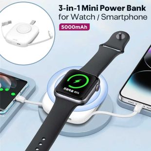5000mAh Mini Power Bank with Wireless Watch Charger and Built in Dual Cables