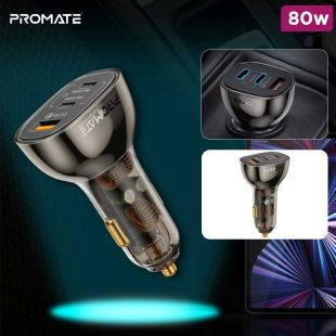 Promate 80W Transparent Car Charger with USB-A and 2 USB-C Ports