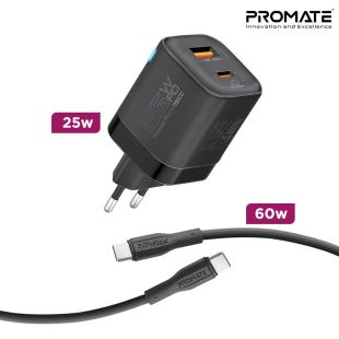 Dual-Port Fast Wall Charger 25W with USB-C to USB-C Cable 60W by Promate