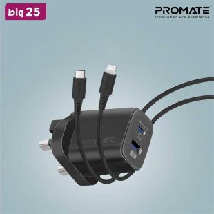 شاحن حائط منفذين قوة 25 واط مع كابل USB-C إلى Lightning من Promate